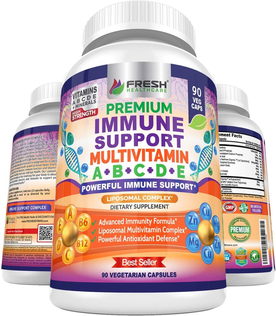 Immuunsüsteemi tugi Multivitamiin meestele ja naistele vitamiinidega A, B, C, D, E, B6, B12 - tsink, magneesium ja vask liposomaalse kompleksiga tõhustatud imendumiseks - igapäevane antioksüdant Boost - 90 Vegan Caps