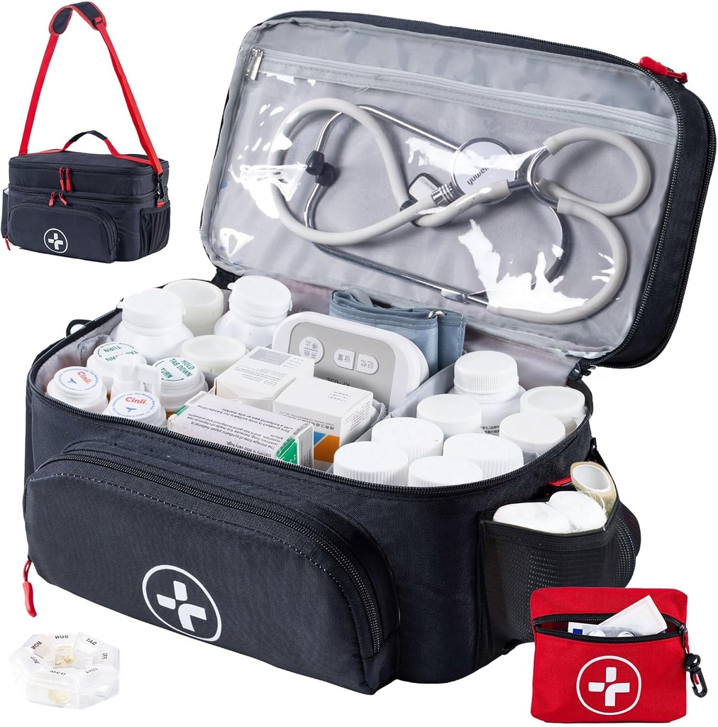 BAGSFY reisimeditsiini kott korraldaja Mini ravim kott, kahekihiline esmaabi komplekt Tühi, lukustatav Pill pudeli korraldaja kodus, suur ravimite ladustamine, reisi hädaolukorras kandes juhul.