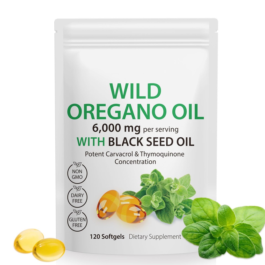 Oregano softgelsi õli - looduslik oreganoõli 6000mg musta seemne õliga 200mg kapslid, 120 loend, tugev karvakrool ja tümokinoon, mitte-GMO, piimavaba, gluteenivaba