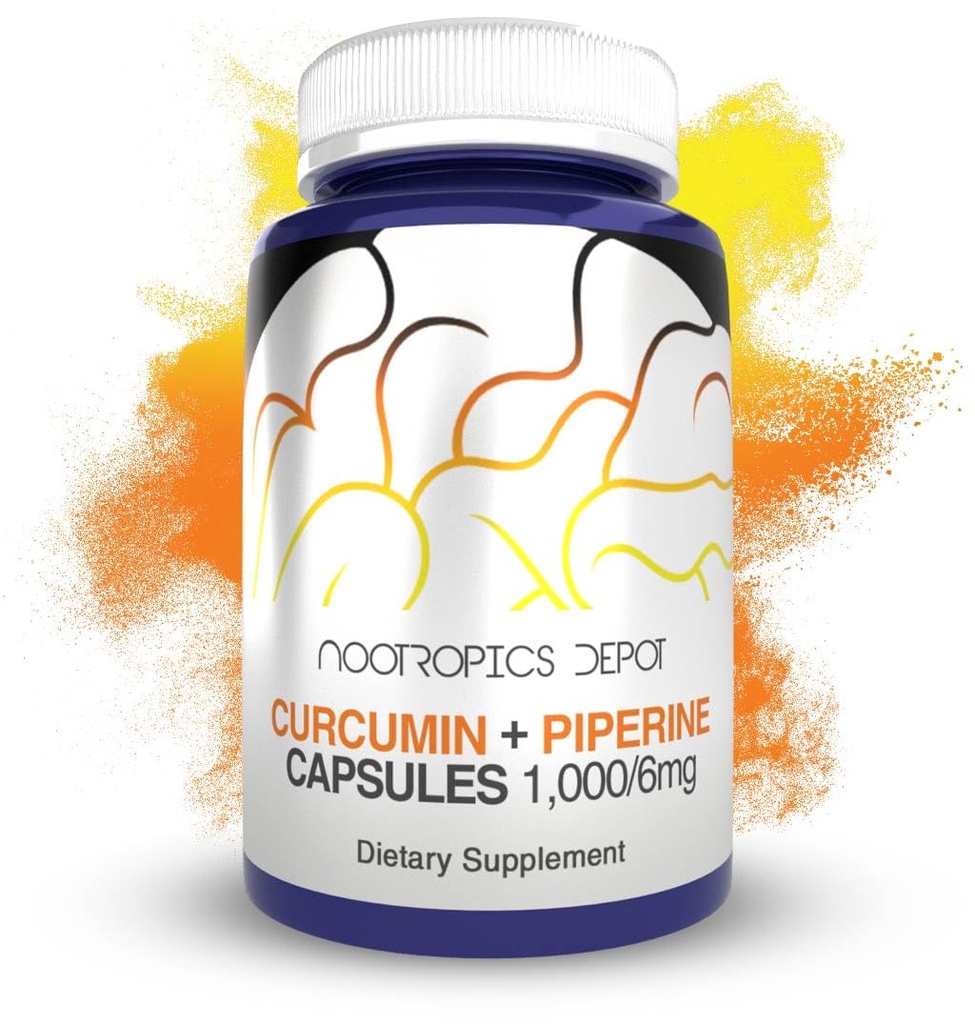 Nootropics Depot Curcumin + Piperine Capsules | 1000mg Curcumin + 6mg Piperine | 180 Count