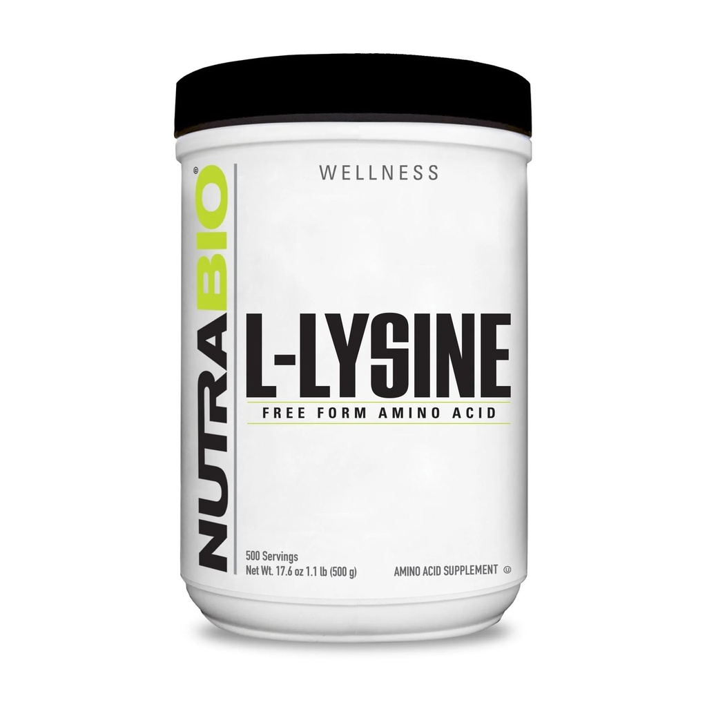 NutraBio L-Lysine Powder 500g – Essential Amino Acid for Protein Metabolism, Kollageeni Toetus, & Immune Health – Pure, Maitsestamata, Mitte-GMO, Vegan- 500 Servings