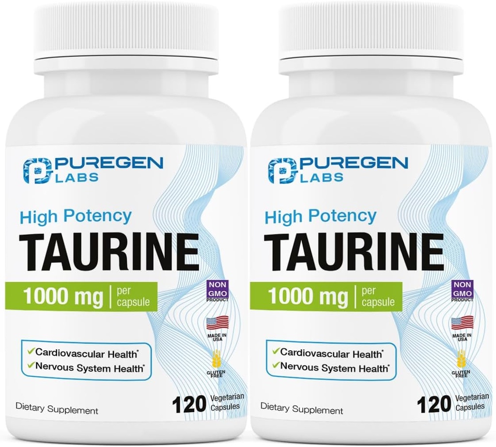 Puregen Labs Taurine 1000mg [High Potency] Kokku 240 Veg kapslid | Ei kahjulikke lisaaineid | Mitte-GMO, NO gluteeni ja piima, toetab südame tervist ja lihaste taastumist | Valmistatud USAs