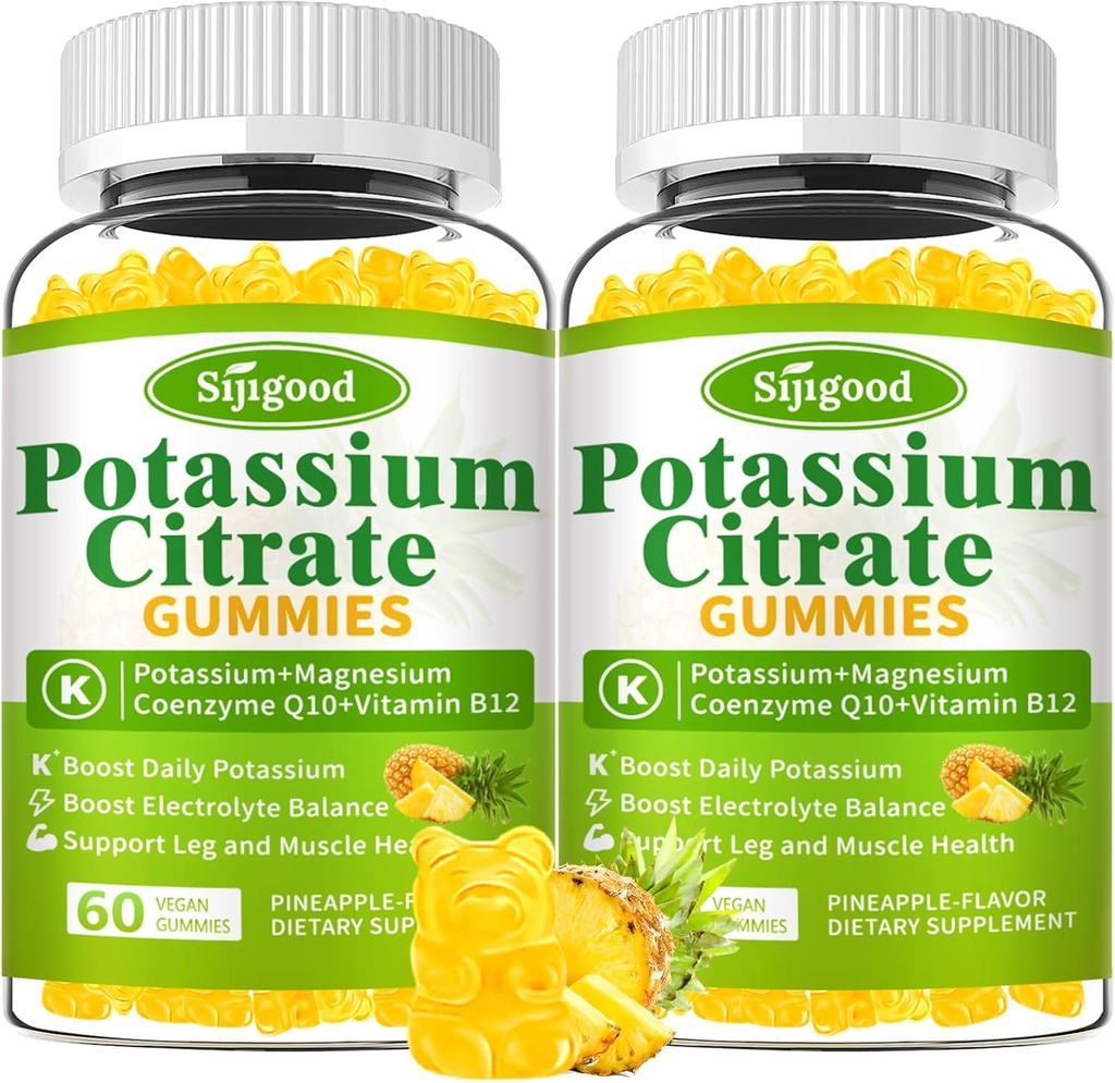 2 Pack Kaaliumtsitraat Gummies - kõrge potentsi kaaliumilisa lihaste tervise, jalgade krampide leevendamine, elektrolüütide tasakaal - Vegan, mitte-GMO, Gluteenivaba, ananassimaitse, 120 krahv