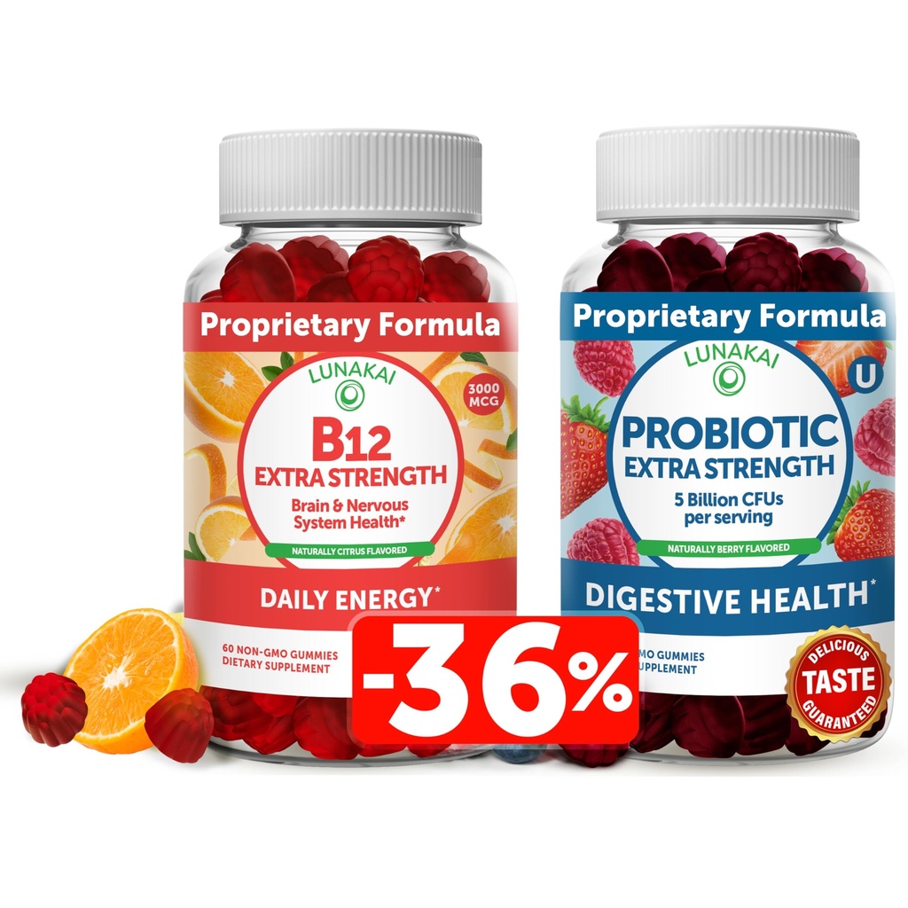 Lunakai Vitamiin B12 ja probiootikumide Gummies Bundle - 3000 mcg Gummy täiskasvanutele Energiatoetus ja luude tervis - 5 miljardit CFU-d teenindades seedetrakti tervist C-vitamiiniga naistele ja meestele