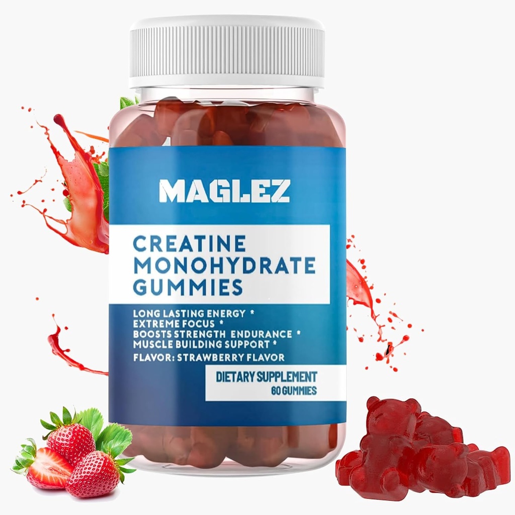 Kreatiin Gummies - Maitsev kasu naistele ja meestele - Vegan, Gluteenivaba maasika kreatiin Gummy - 60 toetuspunkti Lihaskasv ja tugevus