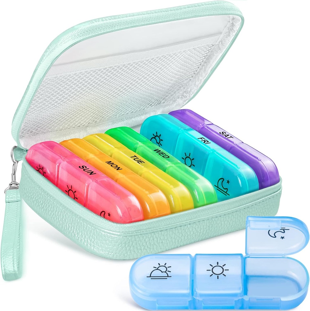 Cute Pill Organizer 3 korda päevas, suur igapäevane pillide juhtum naistele, kaasaskantav pillide karp 7 päeva kotti ja Zipperi jaoks, et hoida vitamiine, ravimeid, kalaõlisid, toidulisandeid (Cyan Blue)