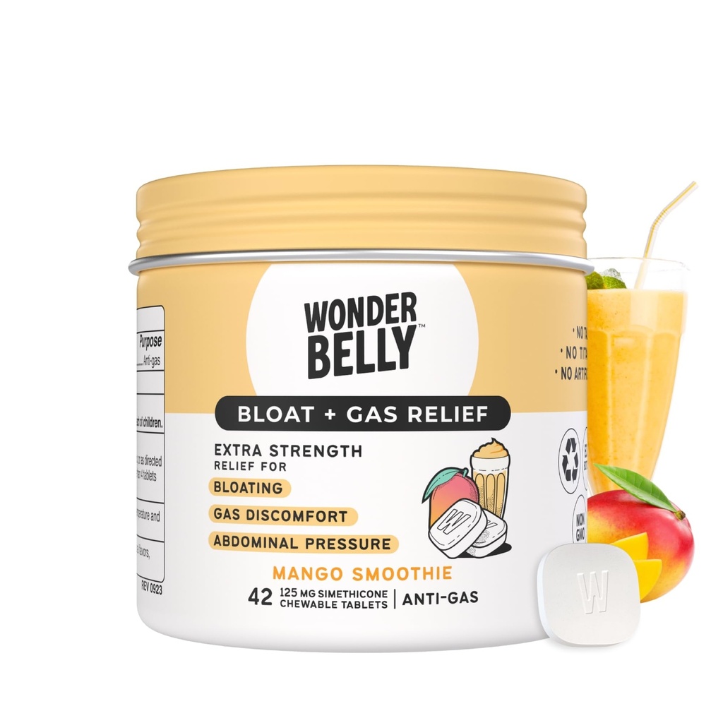 Wonderbelly Bloat + Gas Relief , Extra Tugev närimistabletid , 125 mg Simethicone , Talc või Dye , Mango Smoothie , 42 Count