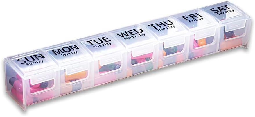 GMS Weekly Pill Korraldaja - 7-päevane märgistatud segu pillid juhul toidulisandeid, vitamiine ja ravimeid - Turvalised sulgurid - ideaalne igapäevaseks kasutamiseks ja reisimiseks - selge