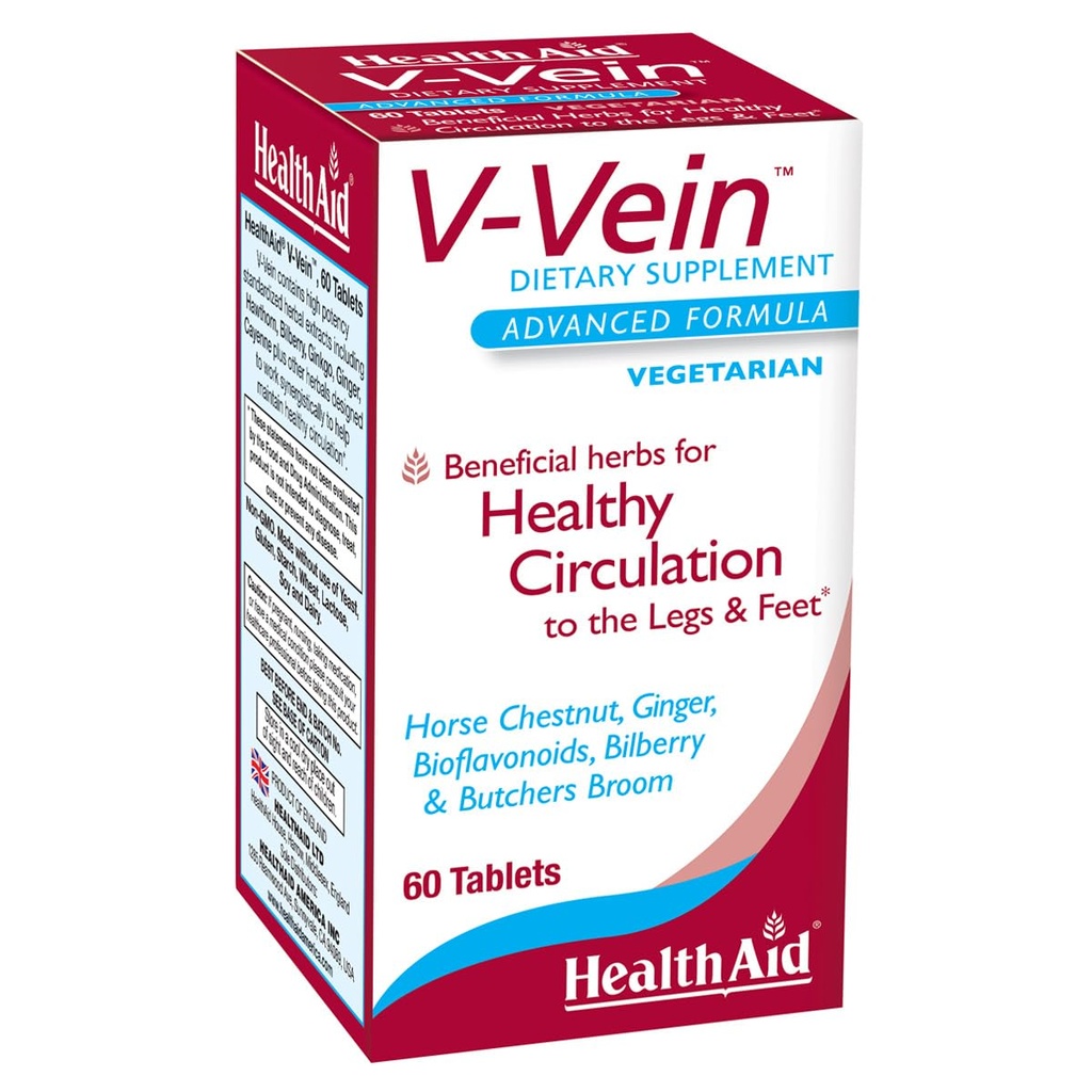 HealthAid V-Vein, kasulikud toitained jalgade ja jalgade tervislikuks ringluseks, 60ct, üks kord päevas, sisaldab Ginkgo, viinamarjaseemneid, C-vitamiini ja mustikat, Vegan