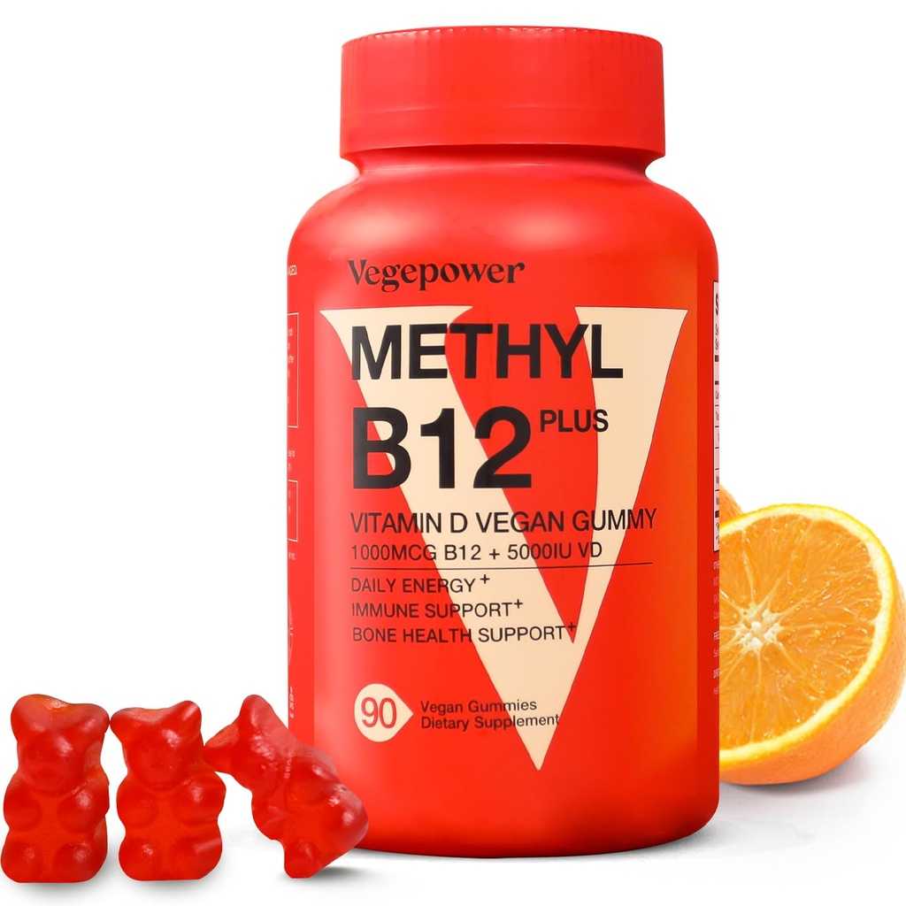 Vitamiin B12 D3 Vegankummid - 90 Count I 1000 MCG Methyl B12 & 5000 IU D Vitamiin Kummi närimistable Supplements täiskasvanutele ja lastele - Immune Health & Daily Energy Boost - Non-GMO, Orange