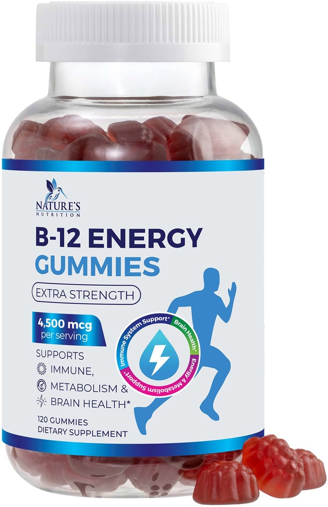 B-12 Vitamiinenergia kummid 4500mcg - ekstra tugevus B12 Kummi närimistabletid energia metabolismi ja immuunsüsteemi tugi - toidulisand naistele, meestele ja lastele - Non-GMO, vegan, Berry maitse - 120 Count