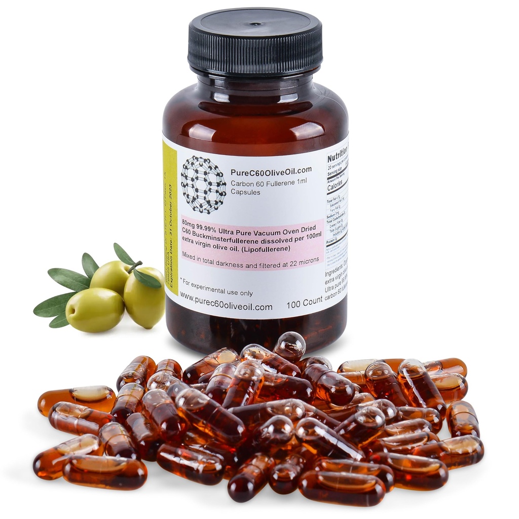 PureC60OliveOil C60 Orgaaniline Oliiviõli Kapslid Pillid 100 ml / 3,4 Fl Oz - 99,99% Süsinik 60 Lahustivaba 80mg - Toiduklass - Süsinik 60 Oliiviõli - juhtiv ülemaailmne tootja