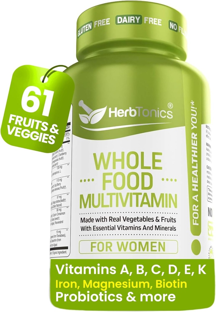 Herbtoonika Terve toit Multivitamiin naistele | Valmistatud Superfoods, Real Toored Köögiviljad, Puuviljad, Vitamiin E, A, B Kompleks | Naiste multivitamiin | Non-GMO 120 Vegan Kapslid