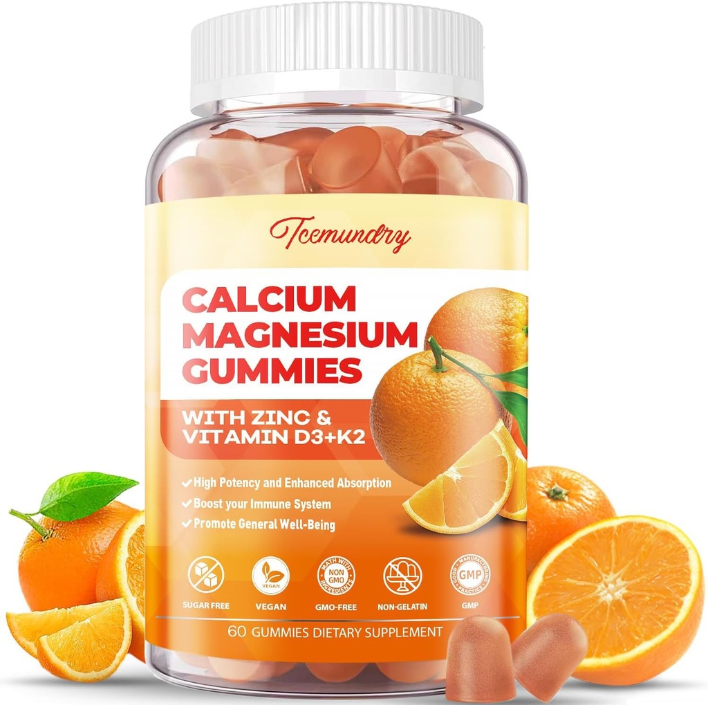Kaltsium Magneesium Tsink Kummid Vitamiin D3 & K2 - Suur imendumine Magneesium Glütsinaat 400mg - Suhkruvaba Kaltsiumilisand - Närvilihaste meeleolu ja immuunsuse toetamine - täiskasvanutele Mehed Naised Lapsed