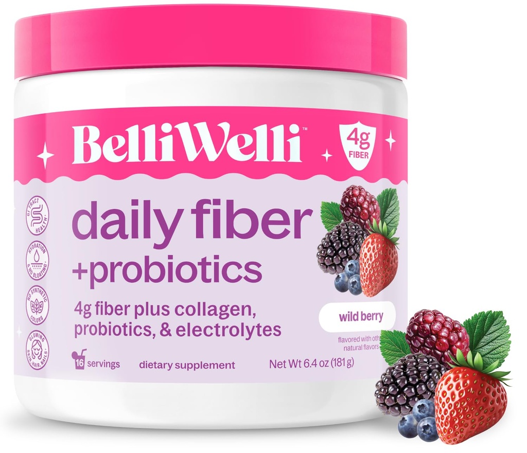 Belli Welli kiudaine lisand naistele ja meestele - Premium Daily Fiber Pulber orgaanilisest akaatsiast, millele on lisatud kollageeni, elektrolüüte ja probiootikume - Bloat, kõhukinnisus ja soolestiku tervisetoetus (Wild Berry)