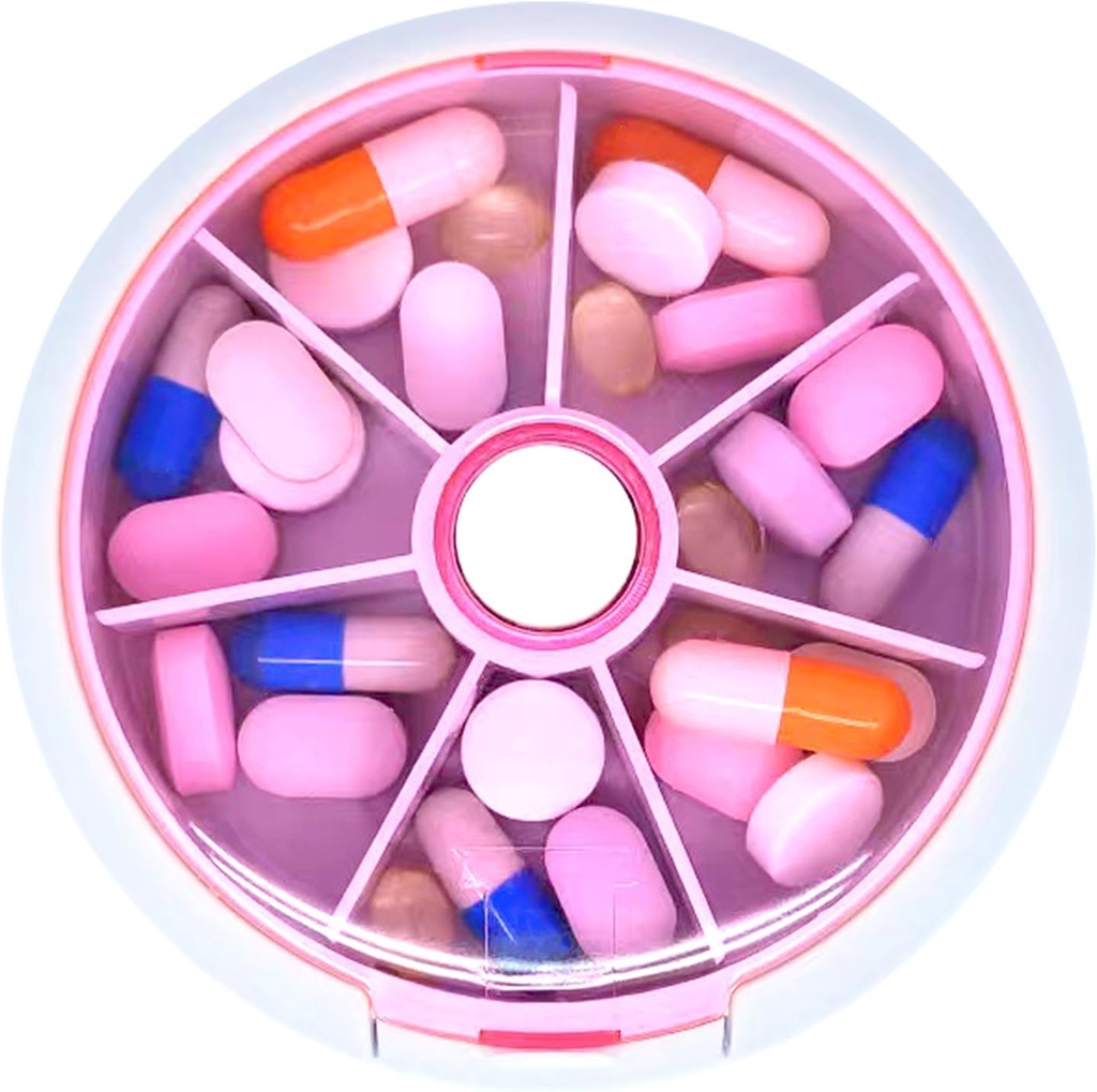 Pill Organizer Travel Pill Case Purse Portable Pill Box Round Weekiy Pill Container vitamiin Fish Oil Pills Supplements (Pink)