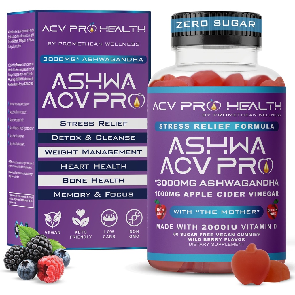 Ashwa ACV Pro Health - suhkruvaba õunasiidri äädikakummid koos ashwagandhaga, täiustatud Keto, stressi leevendamise toidulisandid D-vitamiiniga, 1 g süsivesikuid Gummy Golo kohta