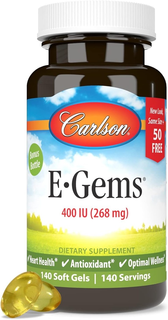 Carlson - E-Gems 400 IU (268 mg), Natural-Source Vitamin E, Optimal Wellness, 140 Soft Gels