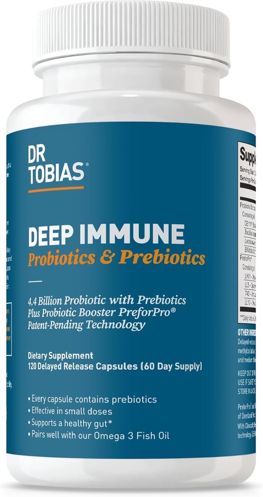 Dr Tobias Deep Immune Probiootikumid Ja Prebiootikumid, Kahetoimeline Seedimine Ja Immuunsüsteemi Tugi PreforPro Prebiootikumidega Ja Viivitatud Vabastamise Spore Moodustavad Probiootikumid Naistele Ja Meestele, 120 Kapslit, 60 Servingut