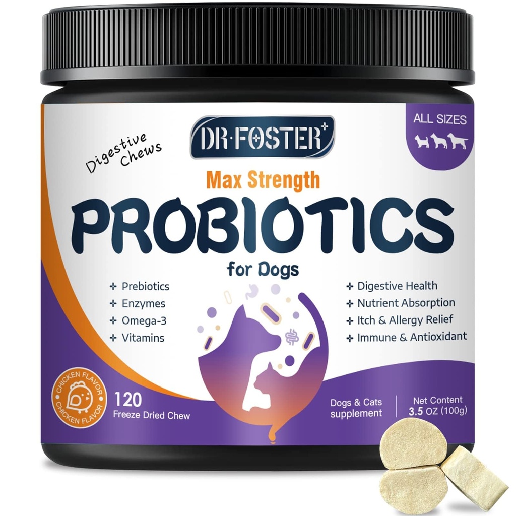 Probiootikumid koertele, külmkuivatatud koera probiootikumid ja seedeensüümid, pluss Omega-3 sügeleva naha jaoks, 3-in-1 prebiootikumid seedetrakti tervise jaoks, koerte vitamiinid ja toidulisandid immuunsüsteemi tervisele, 120 bitti