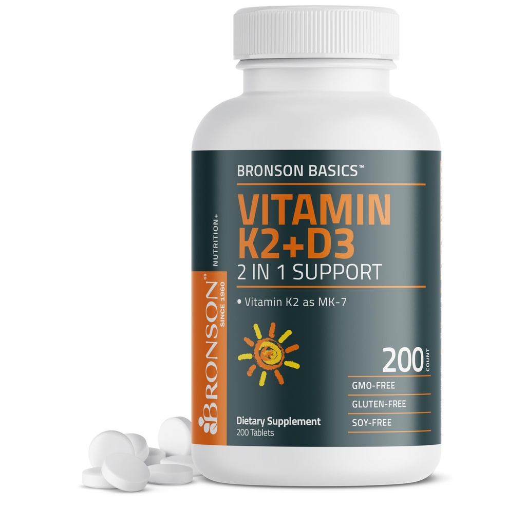 Bronson Vitamiin K2 D3 (MK7) Täiendus Mitte-GMO valem Vitamiin D3 5000 IU (125 mcg) & 90 mcg K2 MK-7, Lihtne neelata D & K kompleks, 200 tabletti