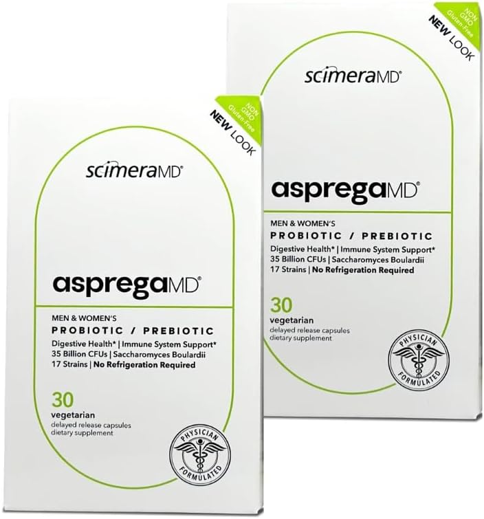 Asprega 30CT - probiootikum + prebiootiline lisand | 17 tüve, 35 miljardit CFUd | hilinenud vabanemine | Saccharomyces Boulardii | meestele ja naistele | ScimeraMD, 2-Pack