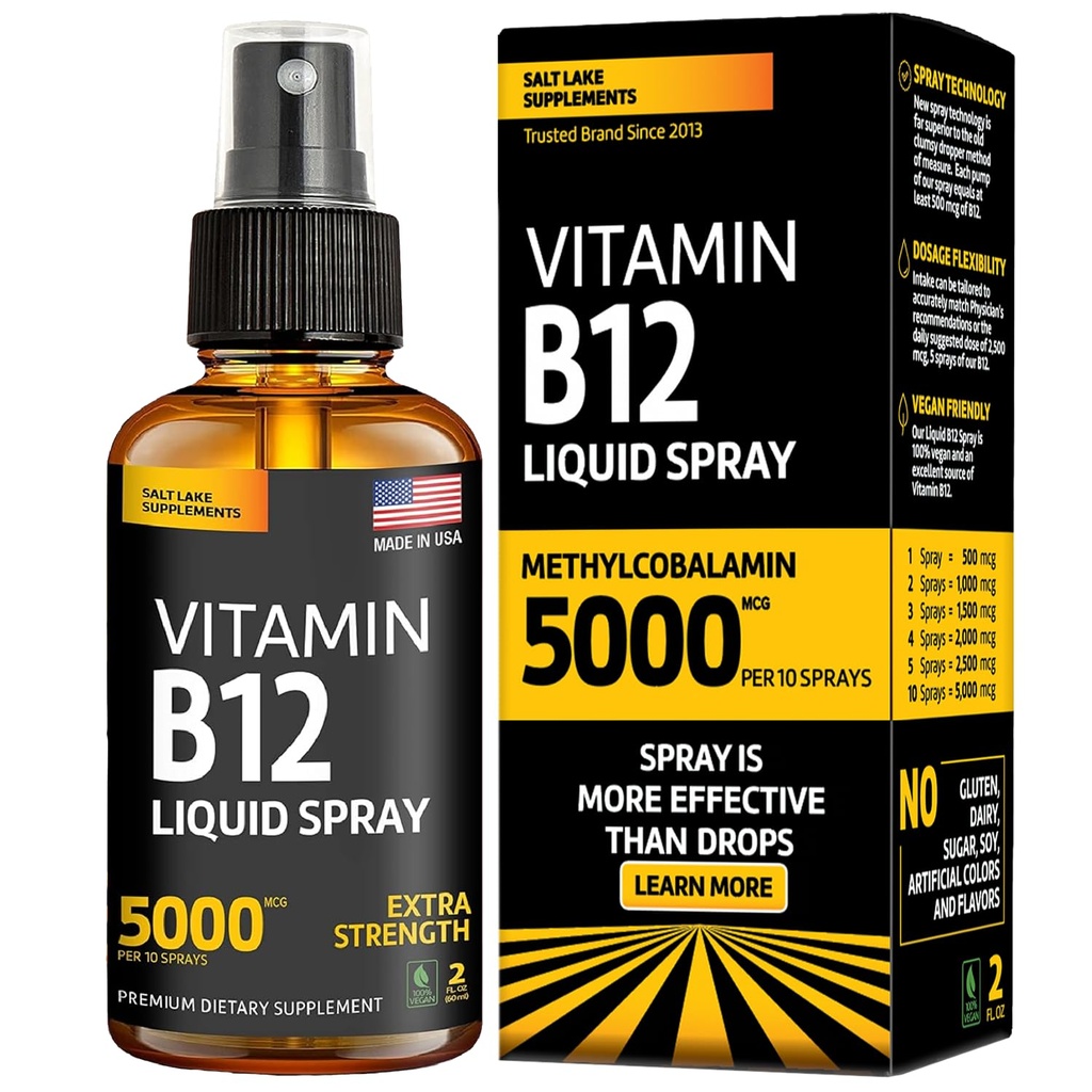 Vitamiin B12 Sublingual Spray 5000 mcg - Vegan Metüülkobalamiin Vedel B12 Boost Energy, meeleolu ja aju tervis - Gluteenivaba, Non-GMO B12 Spray meestele ja naistele - Lihtne annus (5000 mcg 10 pihustit)