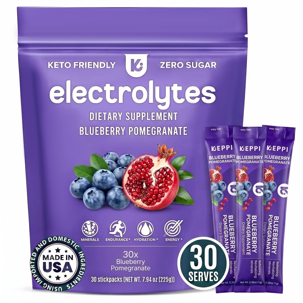 Keppi elektrolüütide pulbripaketid – mustika granaatõunad 30 serveerimist – suhkru hüdratatsioonilisandita kaaliumi, magneesiumi, naatriumi – keto, vegani, paastu-sõbralikult, nullkaloriga hüdratatsioonipaketid