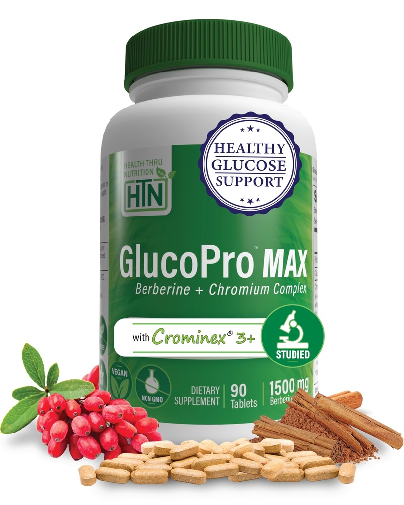Health Thru Nutrition GlucoPro Max - 1500mg Berberine, Chrominex + Chromium ja 1000mg kaneel | Vegan, Non-GMO, Gluteenivaba | Pakend 90