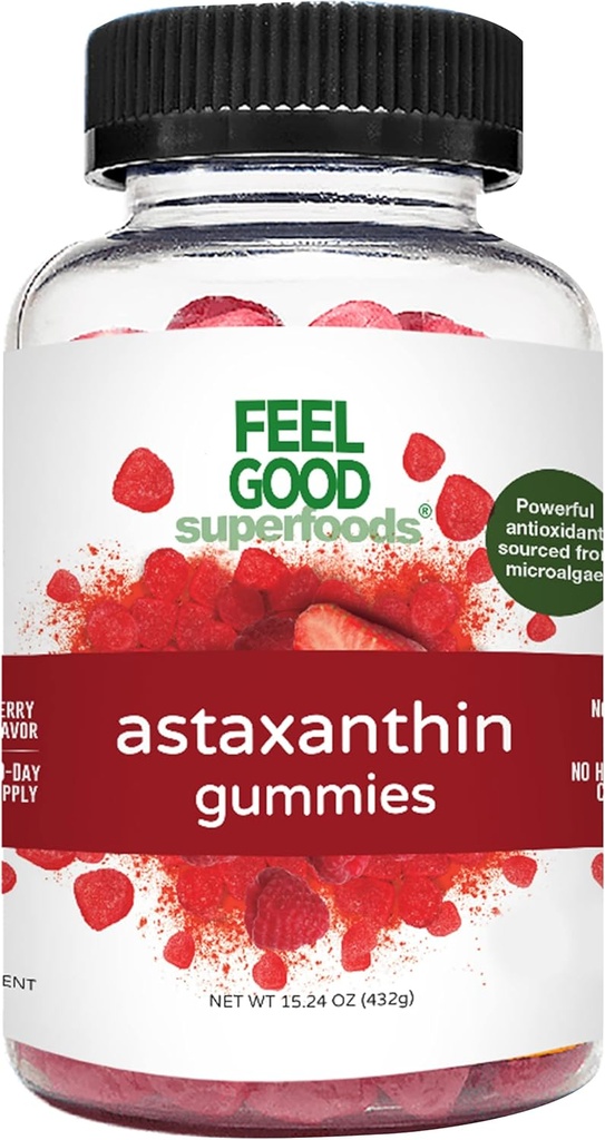 FeelGood Superfoods Astaxanthin Supplements, 6mg Antioksüdant Gummies naha ja silmade tervise, Berry Maitse, Vegan, Non-GMO, 60 Count