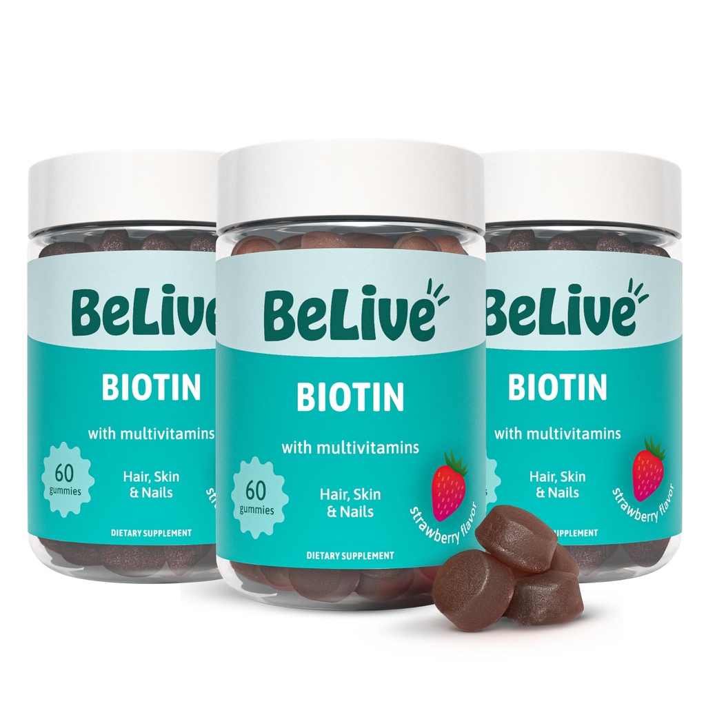BeLive Biotin Gummies - Nahk, küüned ja juuste vitamiinid A, C, D, E, B12, tsink, folaat ja inositool, Biotin toidulisand vananemisvastaseks, energia ja kollageeni Boost, multivitamiini Gummies - maasikas | 3-Pack