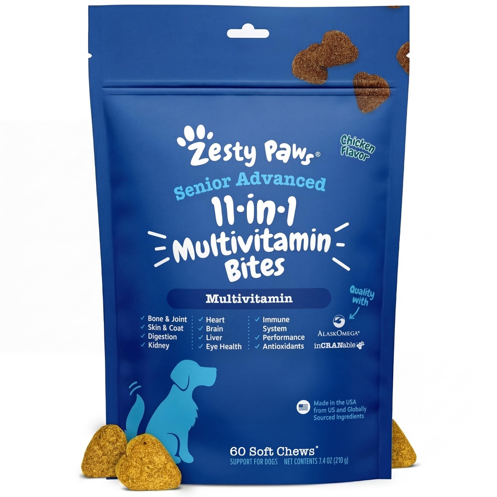 Zesty Käpad Senior Dog Multivitamiin Ravib - Glükosamiin koertele + Seedeensüümid & Probiootikumid - Teraviljavabad Koera Vitamiinid ja Toidulisandid Nahale & Coat + Immune Health Chicken - Advanced - 60ct