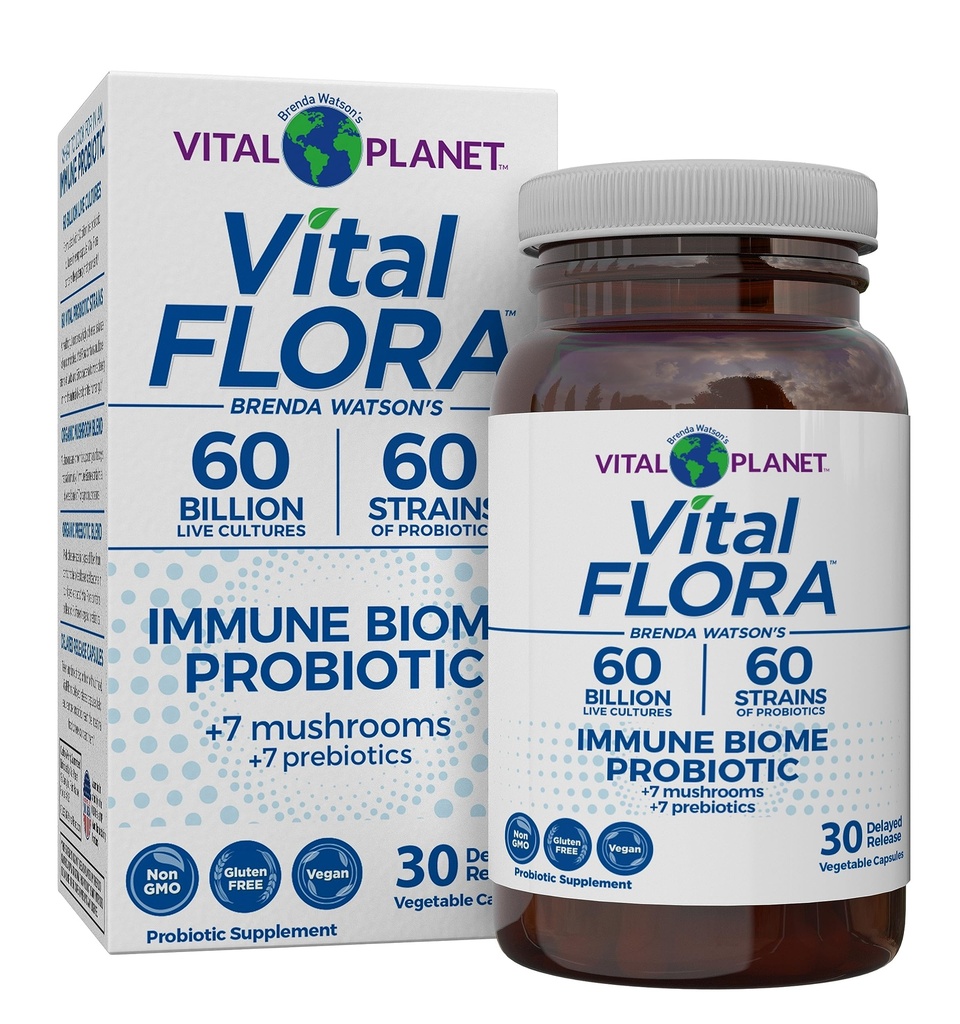 Vital Planet - Vital Flora Immuunsüsteemi tugiprobiootikum, 60 miljardit CFU, erinevad tüved, orgaaniline seene lisand segu prebiootikumidega, seedetrakti tervise probiootikumid naistele ja meestele 30 kapslit