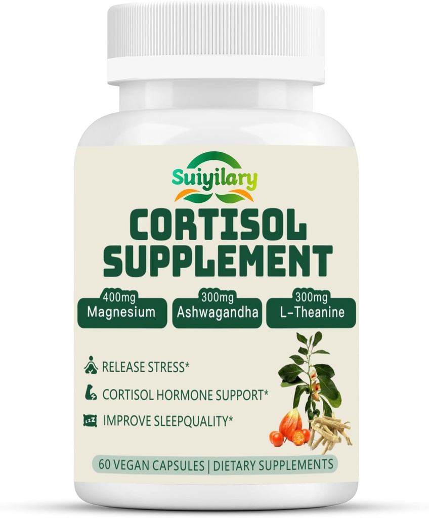 Kortisooli täiendus naistele meestele, hormooni tasakaal, magneesium, ashwagandha, rodiola, L-Theanine, vitamiin B6 & B12, meeleolu, fookus, unetoetus, Vegan 60 kapslid