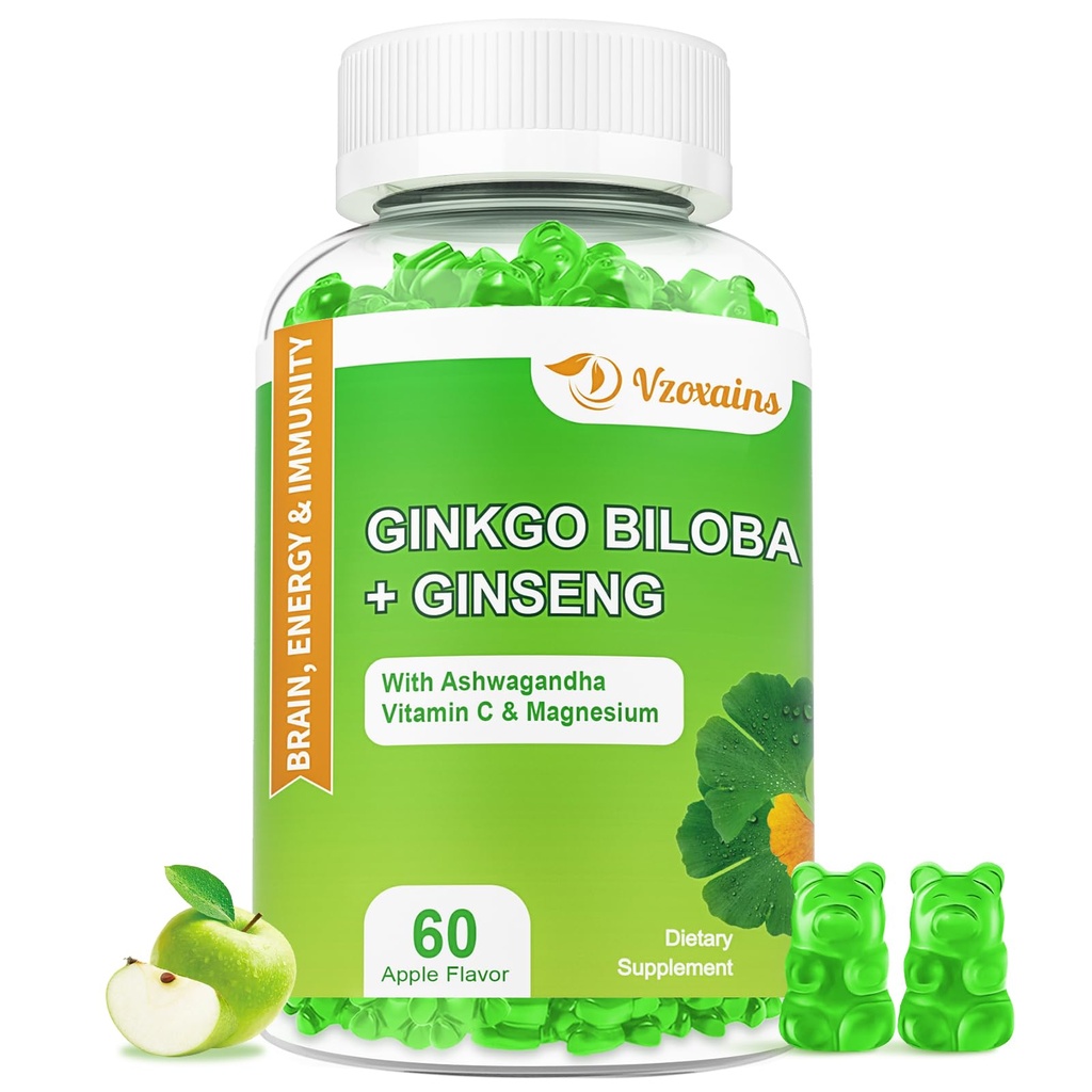240MG Ginkgo Biloba Gummies koos ženšenni ja magneesiumiga, Ginko Biloba Toidulisandid Aju fookuse, meeleolu ja mälu täiskasvanutele, 60 Cts
