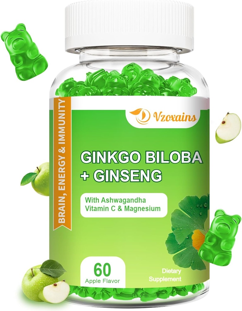 240MG Ginkgo Biloba Gummies koos ženšenni ja magneesiumiga, Ginko Biloba Toidulisandid Aju fookuse, meeleolu ja mälu täiskasvanutele, 60 Cts