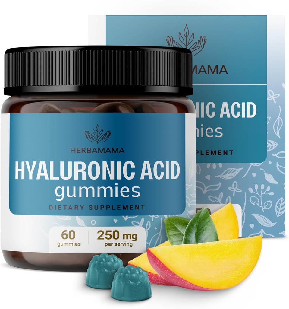 HERBAMAMA Hüaluroonhappe kummid - 250 mg puhas hüaluroonhape juustele, nahale ja küüntele - Vegan, mitte-GMO naha elastsuse lisand - 60 pektiinipõhist mango-maitselist närimist