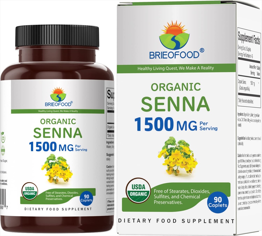 Brieofood Organic Senna 1500mg, 45 Servings, Taimetoitlane, Gluteenivaba, 90 Taimetoitlane tablett