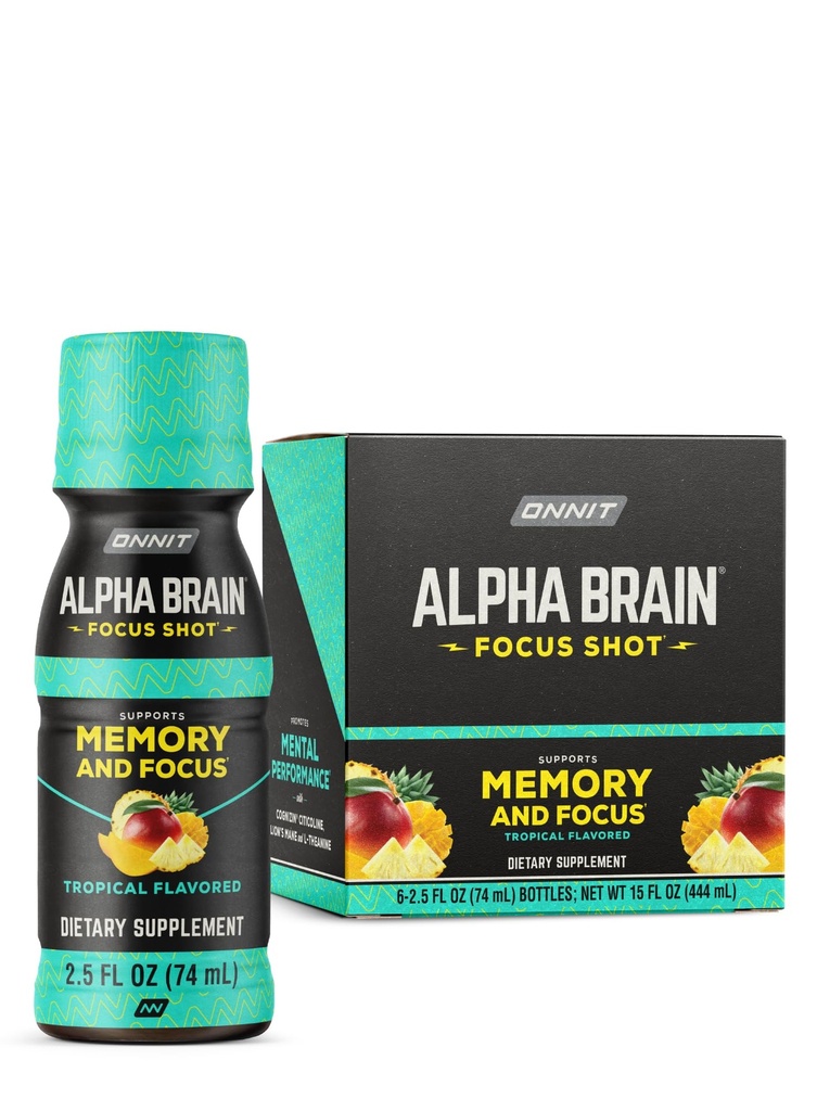ONNIT Alpha Brain Focus Shot, Tropical Maitse, Nootropic Dietary Supplement Drink, mis toetab energiat, fookust ja meeleolu, IGENTM Non-GMO testitud, 2,5 fl oz, 6 Count