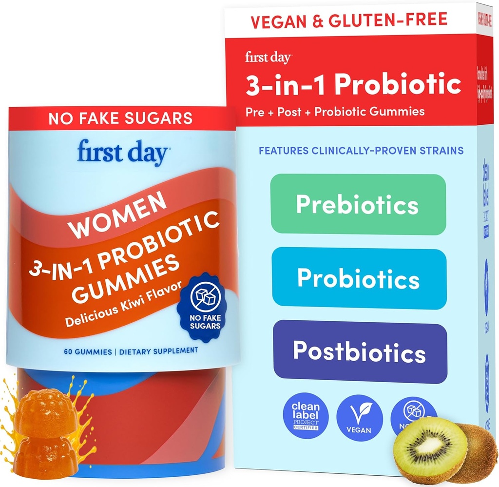 ESIMENE PÄEV Naiste 3-in-1 probiootikumid - prebiootikumid + probiootikumid + postbiootilised toidulisandid - toetab seedetrakti ja suuõõne tervist, immuunfunktsiooni ja energia taset - 30-päevane pakkumine