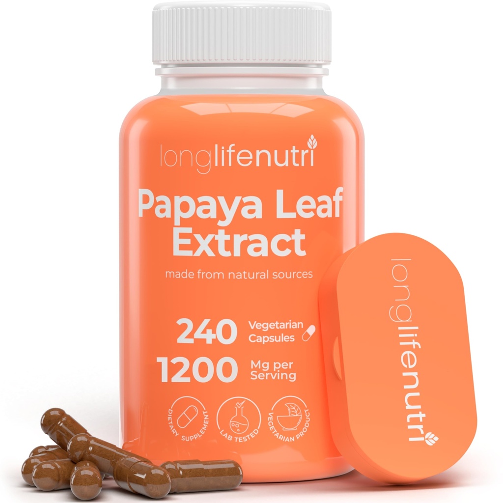 LongLifeNutri Papaya Leaf Extract Supplement 1200mg per Serving - 240 Vegetarian kapslid, 4-kuuline tarne, Carica Papaya Daily Wellness, GMP sertifitseeritud, valmistatud USA