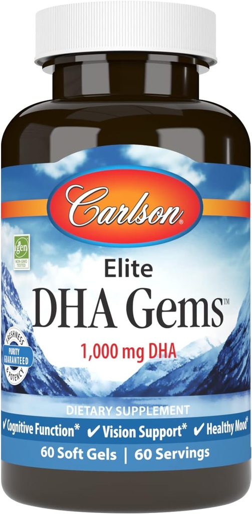 Carlson - Elite DHA Gems, 1000 mg DHA, Wild Caught, Jätkusuutlikult Allikas, Ajufunktsioon & Tervislik Visioon, 60 Softgels