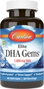 Carlson - Elite DHA Gems, 1000 mg DHA, Wild Caught, Jätkusuutlikult Allikas, Ajufunktsioon & Tervislik Visioon, 60 Softgels
