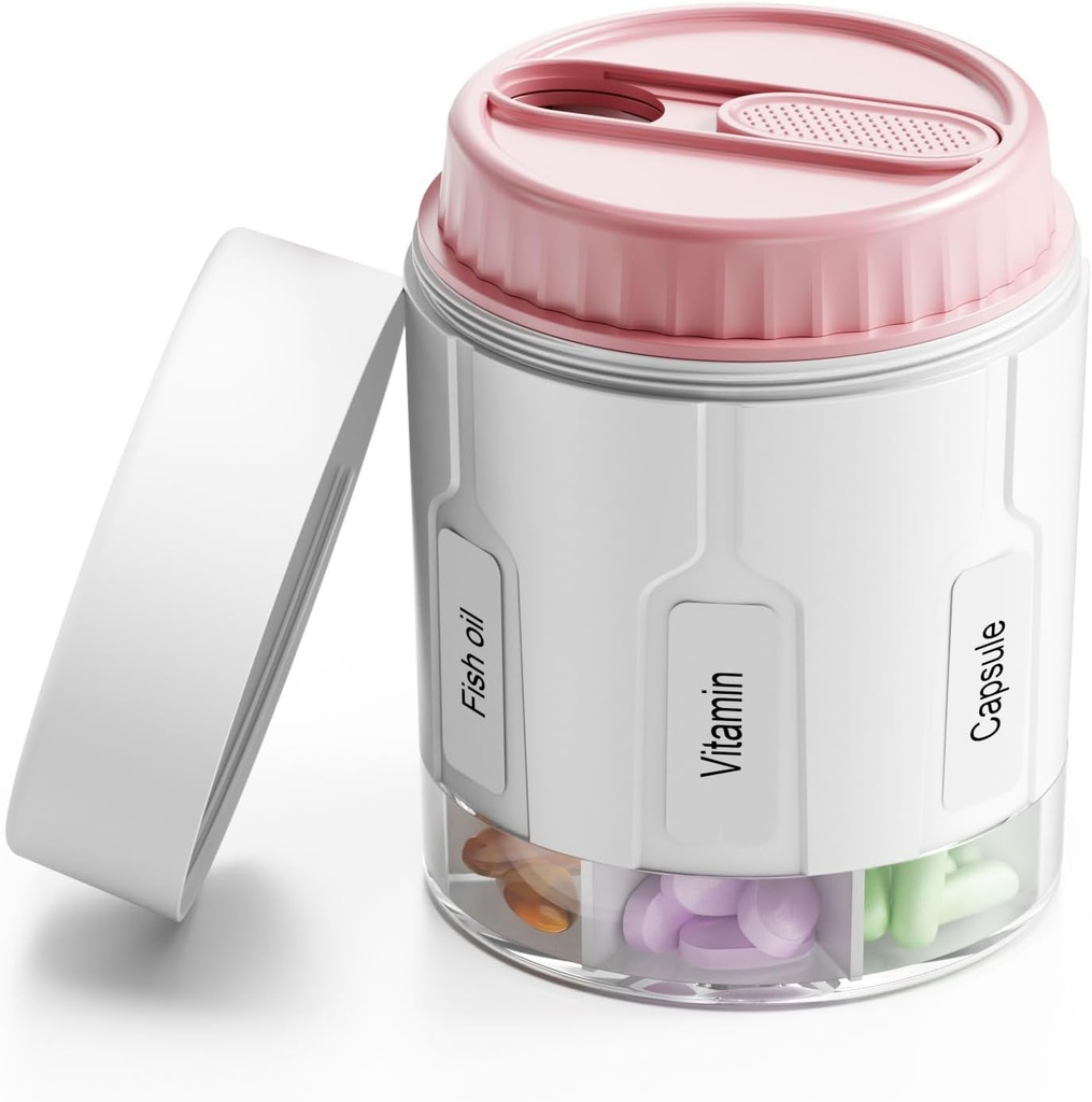 Daviky Pill Pudeli Korraldaja, Täiendus Korraldaja 7 Suurt Kompartmenti, Travel Pill Dispenser Ümmargune Pill Box Kaks Lids (Pink)