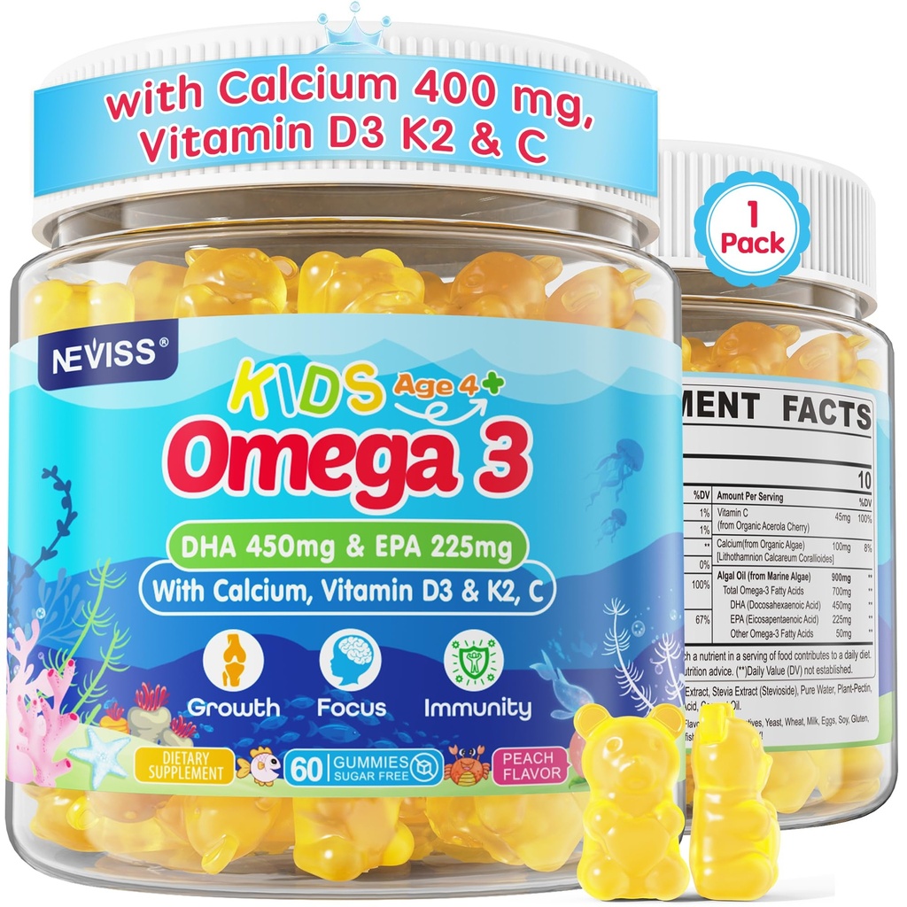 Kids Omega 3 Gummies + Kaltsium 400mg + Vitamiin D3 K2 + C, Omega-3 DHA & EPA Supplement - No Fish Burps, No Sugar - Kids & Teens Omḛga 3 + Multivitamiin Kummy Tugevad Luud, Aju, Immuunsus, Silm, 60Ct