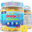 Kids Omega 3 Gummies + Kaltsium 400mg + Vitamiin D3 K2 + C, Omega-3 DHA & EPA Supplement - No Fish Burps, No Sugar - Kids & Teens Omḛga 3 + Multivitamiin Kummy Tugevad Luud, Aju, Immuunsus, Silm, 60Ct