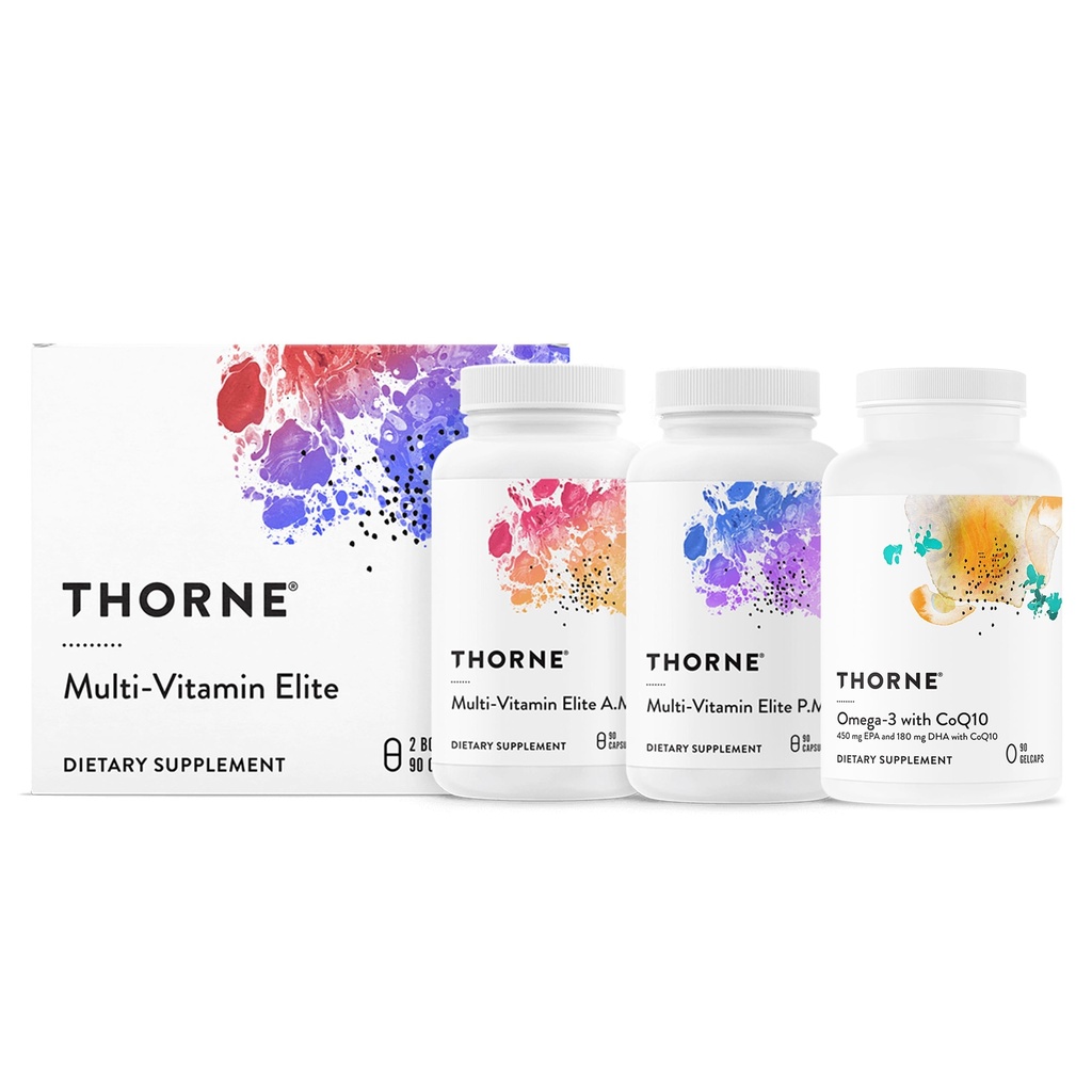 THORNE - igapäevane toitainete kogum - multivitamiinide eliit ja oomega-3 koos CoQ10-30 kuni 90 portsjoniga