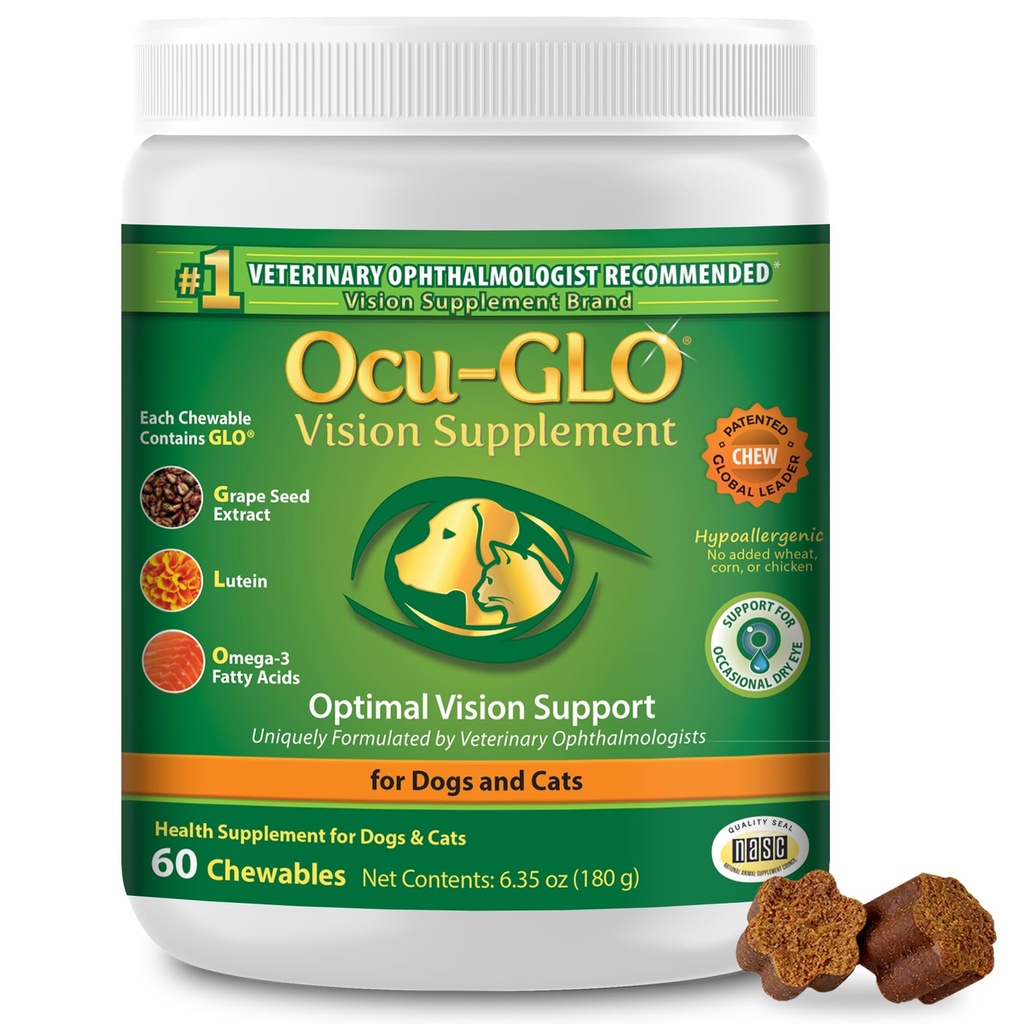 Ocu-GLO Cat & Dog Senior Supplement for Eye Support - Näritav Visioon Vitamiinid Toidulisandid suurtele ja väikestele lemmikloomadele Hooldus Luteiin, Omega-3 rasvhapped, Viinamarjaseemne ekstrakt ja antioksüdandid