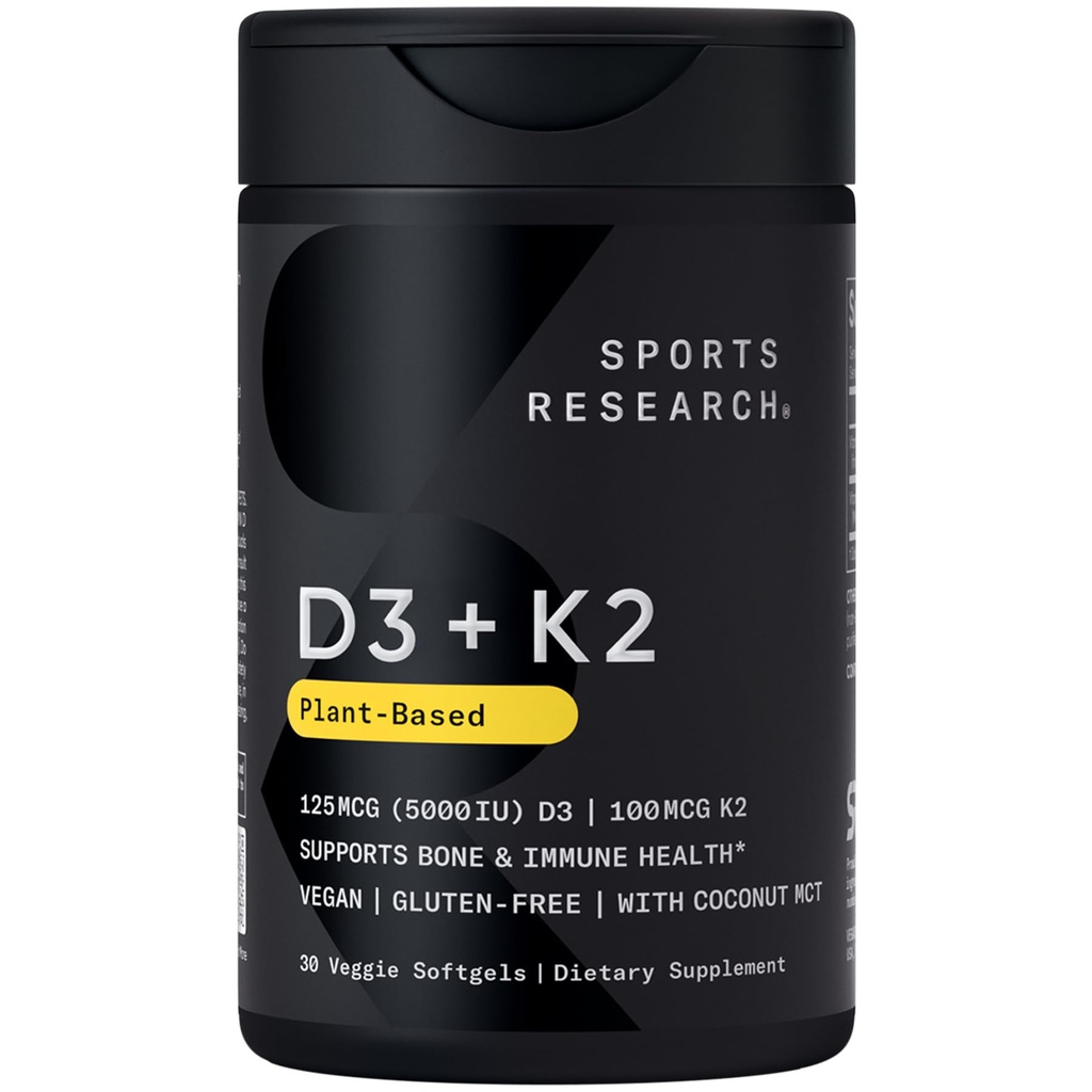 Spordiuuringud Vegan Vitamiin D3 + K2 täiendus orgaanilise kookosõliga - 5000iu D-vitamiin 100mcg Mk7 vitamiin K - toetab kaltsiumi tugevamate luude ja immuunsüsteemi tervise jaoks - 30 softgels täiskasvanutele