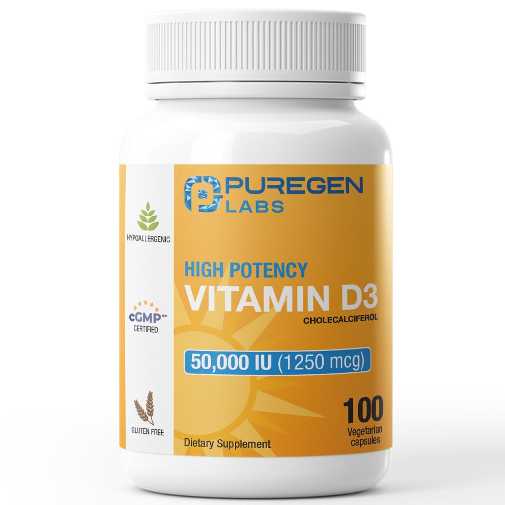 Puregen Labs Vitamiin D3 50 000 RÜ (1250 mcg) 100 nädala pakkumine tervisliku lihasfunktsiooni jaoks ja immuunsüsteemi tugi, mitte-GMO, Gluteenivaba 100 köögiviljakapslit